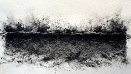 Abstract landscape, charcoal on paper.  Dark, textured horizontal band, layered with light and shadow, suggestive of a vast expanse.  Splashes and marks create a sense of movement and energy