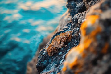 Fototapeta premium A close-up of textured rock with orange lichen, contrasting with blurred turquoise ocean waters, creating a vibrant natural scene.