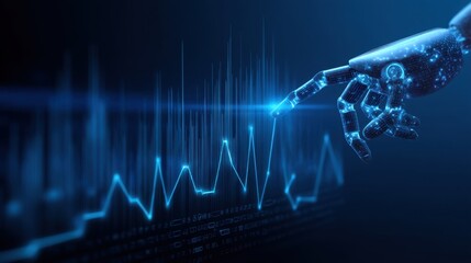 Futuristic robotic hand with holographic data visualization emphasizing artificial intelligence and advanced technology concepts in a digital landscape