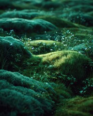 Lush green moss and tiny wildflowers cover rounded rocks.  Sunlight filters through the dense vegetation