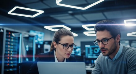 Focused professionals collaborate intensely on laptop in futuristic data center with glowing server racks and modern lighting
