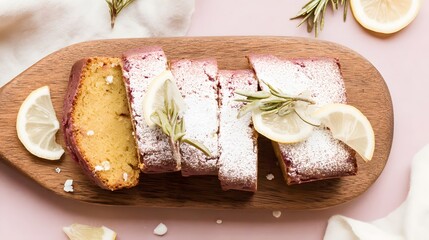 Rustic citrus loaf cake photo, Powdered sugar topping, Lemon slice garnish, Wooden board presentation, Natural light background, Minimal dessert styling