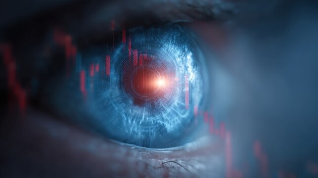 Close-Up of Human Eye with Digital Patterns and Stock Market Graphs Reflecting in Iris and Pupil, Representing Technology and Financial Insight - Powered by Adobe
