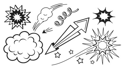 Hand Drawn Comic Style Explosion Effects and Doodle Elements Including Smoke Clouds, Lightning, Starbursts, and Speed Lines on White Background