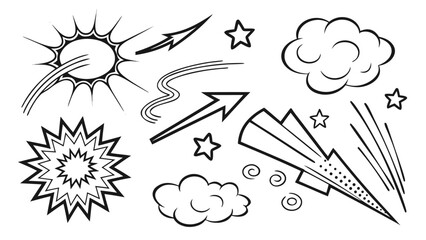 Hand Drawn Comic Style Explosion Effects and Doodle Elements Including Smoke Clouds, Lightning, Starbursts, and Speed Lines on White Background