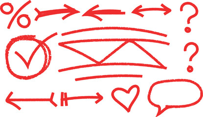 Hand drawn red sketch design elements arrows check marks question marks