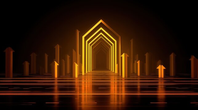 Futuristic pathway with glowing arrows and illuminated triangular shapes representing progress and advancement in a digital world