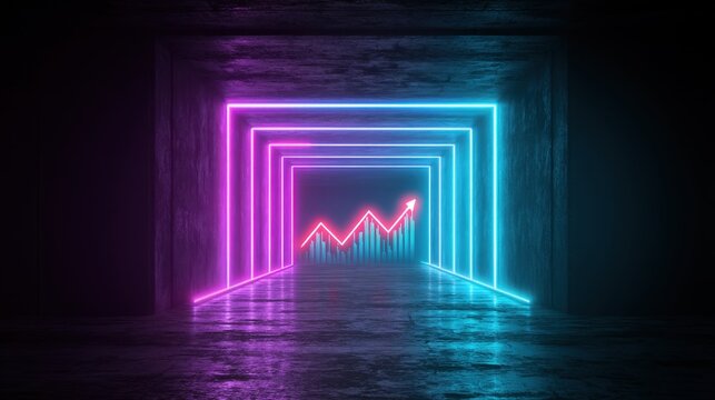 Neon Light Tunnel with Upward Trend Graph Illuminating Concrete Walls for Modern Business Growth and Success Concept