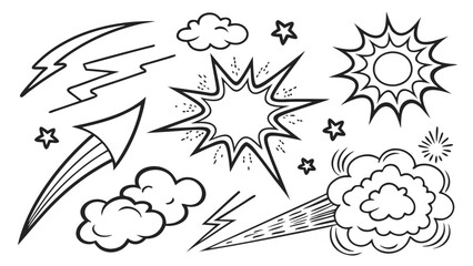 Hand Drawn Comic Style Explosion Effects and Doodle Elements Including Smoke Clouds, Lightning, Starbursts, and Speed Lines on White Background