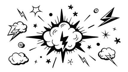 Hand Drawn Comic Style Explosion Effects and Doodle Elements Including Smoke Clouds, Lightning, Starbursts, and Speed Lines on White Background