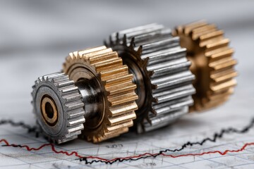 Interlocked gears of various shades of metallic gray and gold rest on a document with graphical data