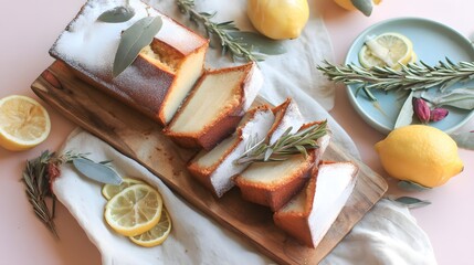 Homemade lemon loaf dessert photo, Rustic sliced pound cake, Fresh citrus garnish, Wooden serving board, Soft daylight styling, Minimal food background