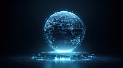 Futuristic Digital Globe with Data Points and Bright Blue Light Against Dark Background Representing Global Connectivity and Technology Advancements