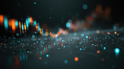 Abstract financial trading chart in futuristic style showcasing candlestick patterns, digital data visualization, and glowing effects in dark environment