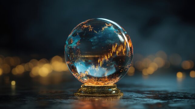Stunning crystal globe with illuminated world map and stock market chart, showcasing finance, economy, and global trade concepts in modern design