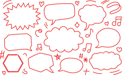 Hand drawn speech bubbles doodles and other elements in red color