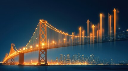 Fototapeta premium Illuminated Bridge Over Water With Urban Skyline and Gradients of Arrows Indicating Growth and Progress During Nighttime