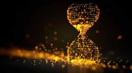 Golden Hourglass Made of Binary Code and Glowing Particles Representing Time and Technology Concept in Abstract Design
