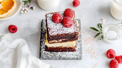 Elegant layered cake dessert photo, Chocolate cream cake slice, Powdered sugar topping, Fresh raspberry garnish, Minimal dark background, Luxury bakery presentation