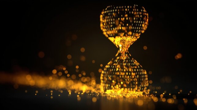 Golden Hourglass Made of Binary Code and Glowing Particles Representing Time and Technology Concept in Abstract Design