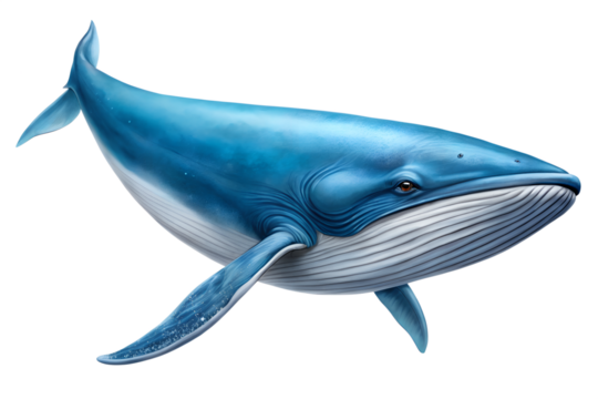 Majestic blue whale swimming underwater, isolated on transparent background