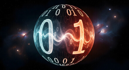 Immersive digital sphere with binary code representing data transfer and connection in a cosmic backdrop, creating a vibrant and dynamic technology concept for innovative solutions