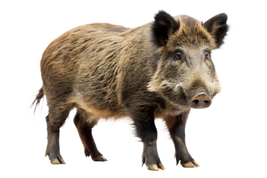 Wild boar standing in natural habitat with dense fur and sharp tusks, isolated on transparent background