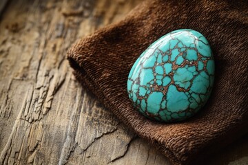 A polished turquoise gemstone with intricate brown matrix patterns rests on soft brown fabric against a rustic wooden background.