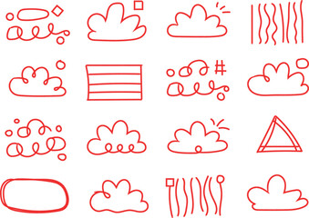 Red doodle elements cloud circle triangle waves sketch pattern design