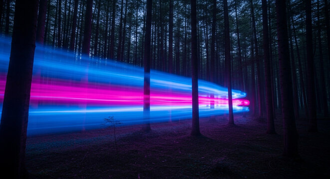 Stunning light trails blaze through a dark forest, creating a dynamic and vibrant display perfect for technology or innovation campaigns