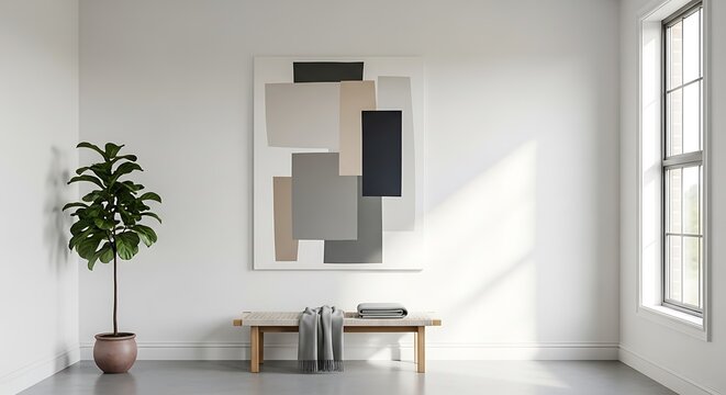 Minimalist Interior with Abstract Art, Plant, and Natural Light.