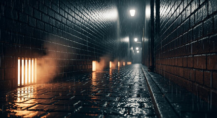 Eerie rainy night in dark brick alley with glowing vents, perfect for mystery, suspense, or urban exploration concepts, creating cinematic atmosphere