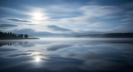 Experience the serenity of a misty moonlit lake reflecting the night sky and peaceful trees with stunning clarity for nature and travel inspiration