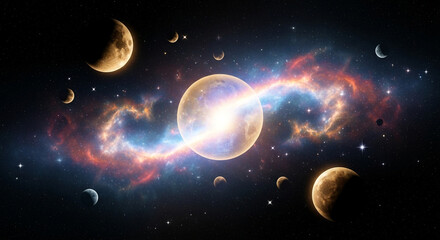 Stunning cosmic view with planets and nebula, ideal for science fiction book covers, space exploration documentaries, and inspiring digital art projects