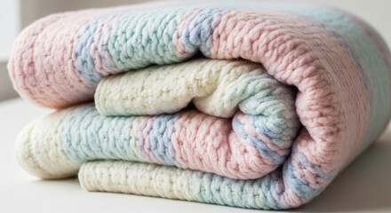 Soft pastel knitted blanket for cozy comfort and design inspiration, perfect for baby nurseries or adding a touch of handmade charm to interiors