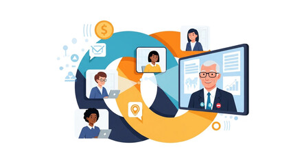 Diverse team collaborating on global business strategy through dynamic video conference, sharing ideas and insights for innovative growth, connecting online now