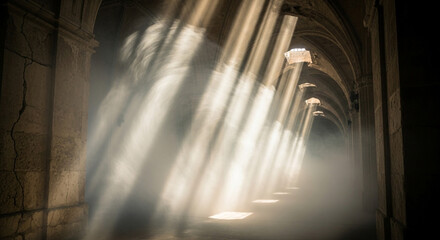 Majestic light streams through ancient arches, creating a mysterious and inspiring atmosphere, perfect for fantasy, architectural, or historical projects