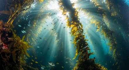 Explore a vibrant underwater kelp forest with sun rays piercing through, a stunning marine ecosystem teeming with life and ocean beauty