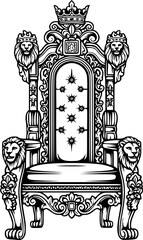 Royal Throne in Black and White: Ornate illustration of a regal throne set on a white background 