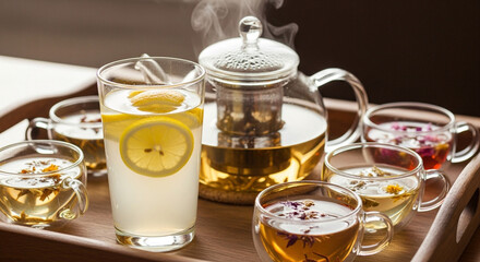 Enjoy a soothing moment with herbal tea and refreshing lemon water, perfect for wellness retreats or mindful living promotions, a delicious and healthy choice