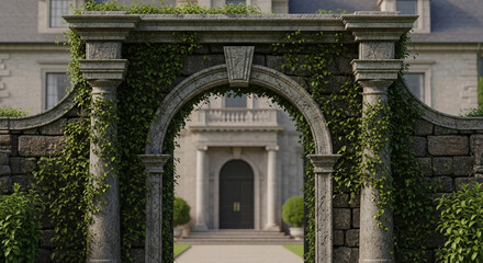 Elegant stone archway covered in lush ivy frames a grand estate, perfect for luxury branding, historical settings, or upscale real estate promotions