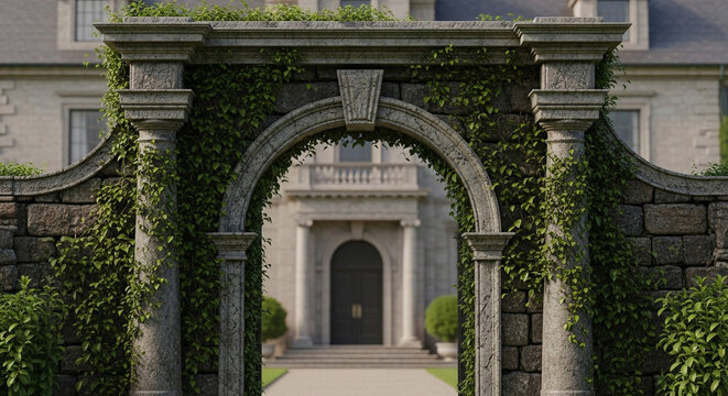 Elegant stone archway covered in lush ivy frames a grand estate, perfect for luxury branding, historical settings, or upscale real estate promotions
