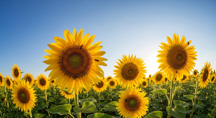Obraz premium Stunning sunflowers in vibrant bloom under the clear blue sky, perfect for summer backgrounds, agriculture projects, or nature-inspired designs