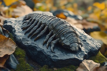 Dark, segmented creature resembling a prehistoric arthropod on wet rock, surrounded by moss and autumnal leaves.