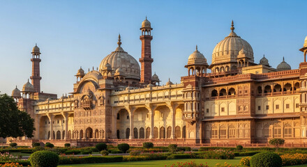 Obraz premium Majestic Indian palace bathed in golden hour light showcasing intricate architecture and lush manicured gardens