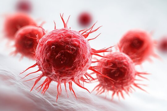 Close-up of several vibrant red cells with spiky protrusions,  against a blurred white background