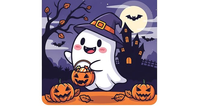 Cute Ghost in Witch Hat Trick or Treating on Halloween Night.