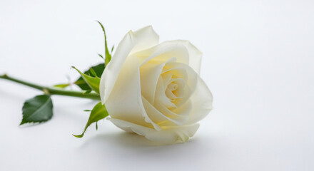Fototapeta premium Elegantly simple white rose resting gently on a bright surface, perfect for conveying pure love, sympathy, or remembrance, ideal for heartfelt designs