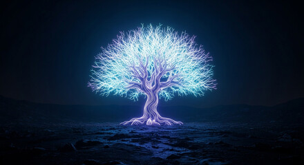 Mystical tree glows with vibrant neon light in a dark landscape, perfect for fantasy art, sci-fi concepts, and creative backgrounds, a magical vibe