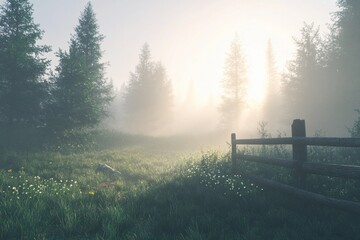 Sunrise over misty meadow with gentle sunlight